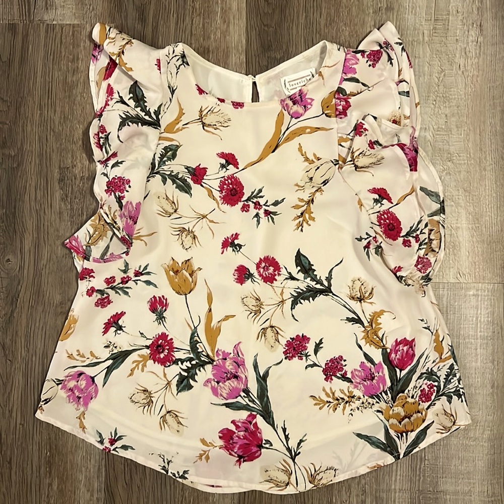 Loveriche Ruffled Sleeve Top. Cream, pinks, and mustard yellow pattern. Small.